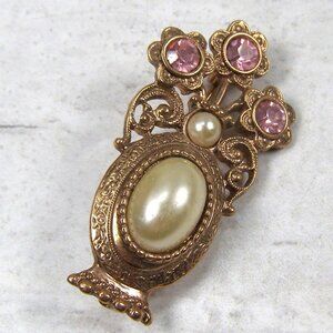 1928 Jewlery Company Pink Rhinestone Pearl Flower Bouquet Urn Brooch Pin